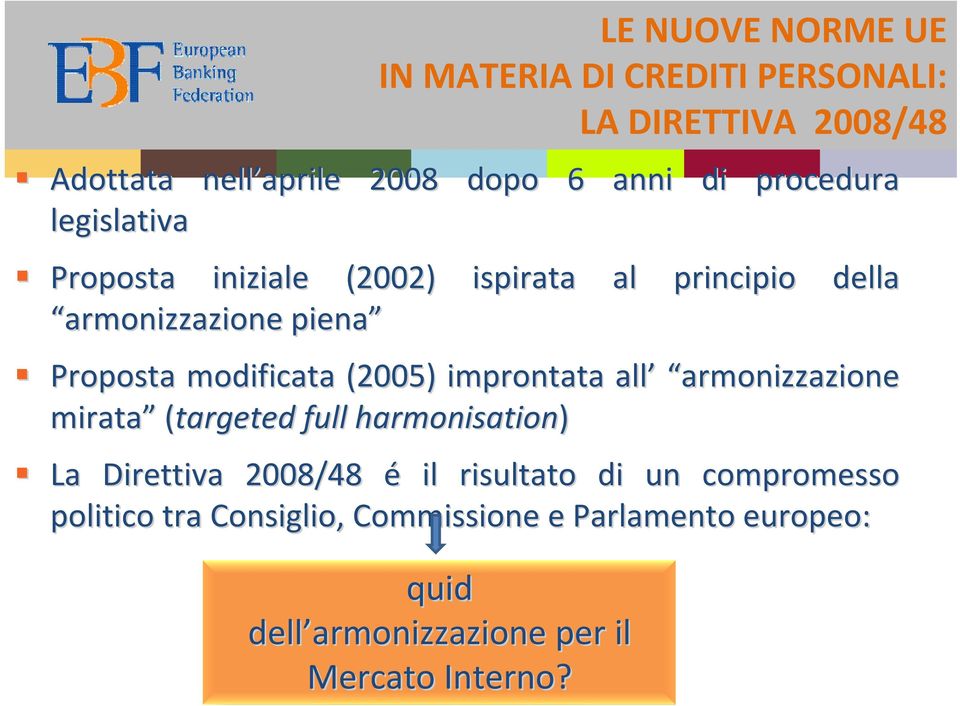 (2005) improntata all armonizzazione mirata (targeted full harmonisation) La Direttiva 2008/48 é il risultato di un