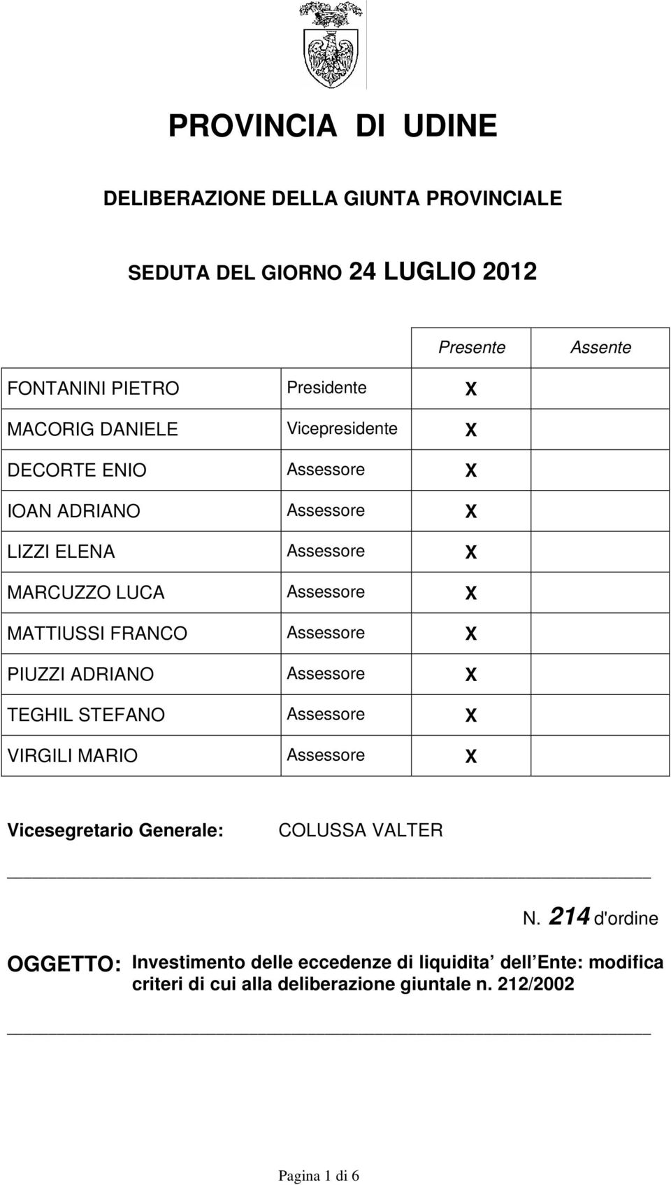 FRANCO Assessore X PIUZZI ADRIANO Assessore X TEGHIL STEFANO Assessore X VIRGILI MARIO Assessore X Vicesegretario Generale: COLUSSA VALTER N.