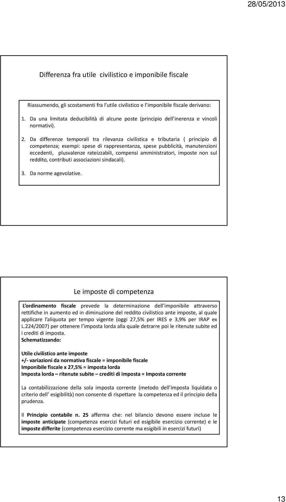 Da differenze temporali tra rilevanza civilistica e tributaria ( principio di competenza; esempi: spese di rappresentanza, spese pubblicità, manutenzioni eccedenti, plusvalenze rateizzabili, compensi