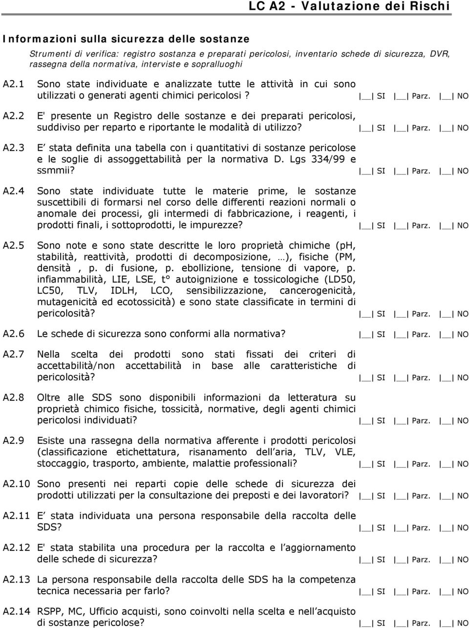 A2.3 E stata definita una tabella con i quantitativi di sostanze pericolose e le soglie di assoggettabilità per la normativa D. Lgs 334/99 e ssmmii? A2.