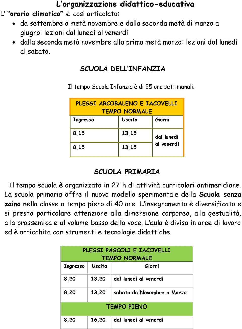 PLESSI ARCOBALENO E IACOVELLI TEMPO NORMALE Ingresso Uscita Giorni 8,15 13,15 8,15 13,15 dal lunedì al venerdì SCUOLA PRIMARIA Il tempo scuola è organizzato in 27 h di attività curricolari