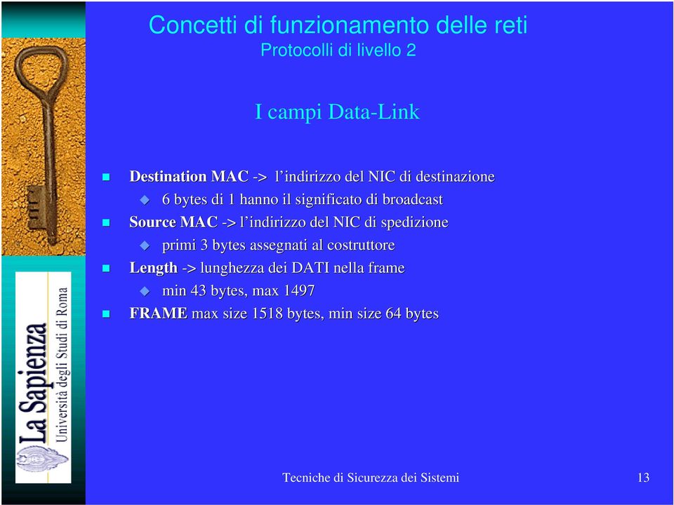 indirizzo del NIC di spedizione primi 3 bytes assegnati al costruttore Length -> > lunghezza dei DATI