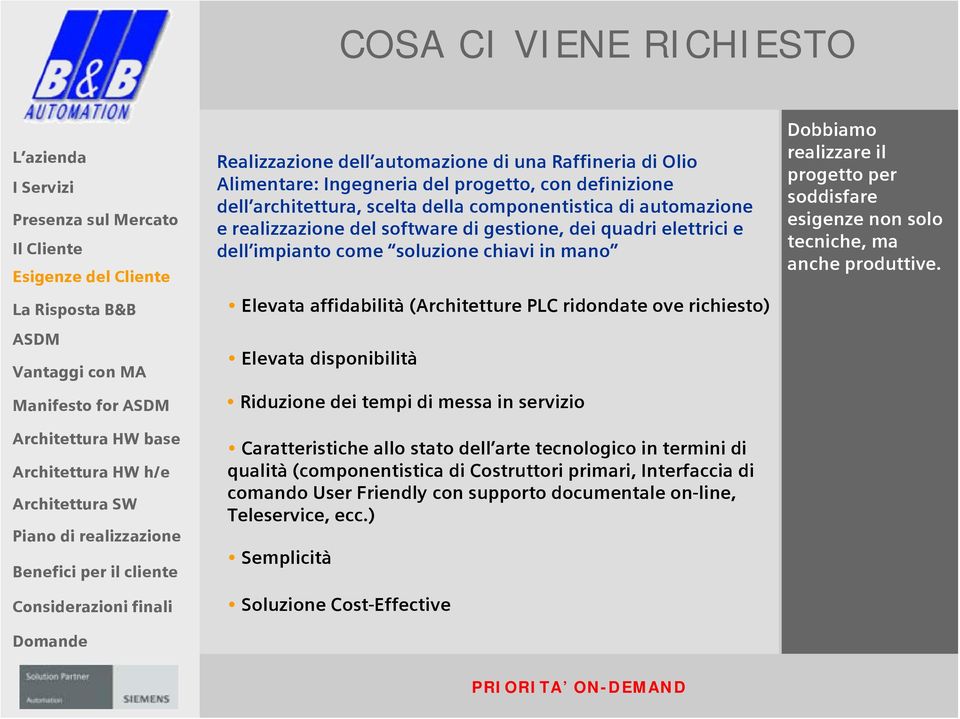 Riduzione dei tempi di messa in servizio Caratteristiche allo stato dell arte tecnologico in termini di qualità (componentistica di Costruttori primari, Interfaccia di comando User Friendly con