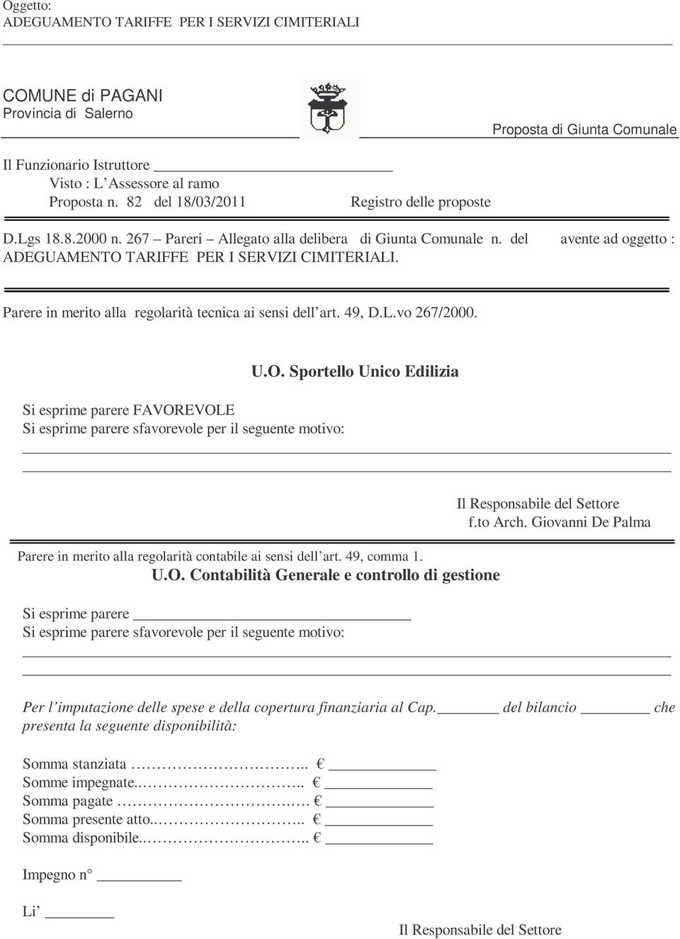 Sportello Unico Edilizia Si esprime parere FAVOREVOLE Si esprime parere sfavorevole per il seguente motivo: Parere in merito alla regolarità contabile ai sensi dell art. 49, comma 1. U.O. Contabilità Generale e controllo di gestione Il Responsabile del Settore f.