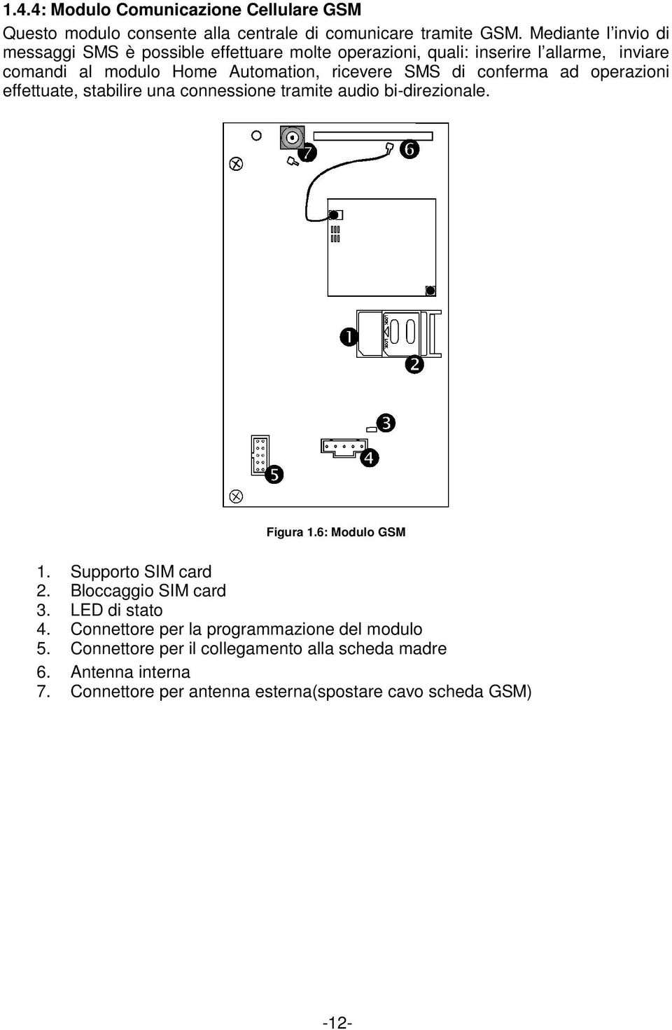 di conferma ad operazioni effettuate, stabilire una connessione tramite audio bi-direzionale. Figura 1.6: Modulo GSM 1. Supporto SIM card 2.
