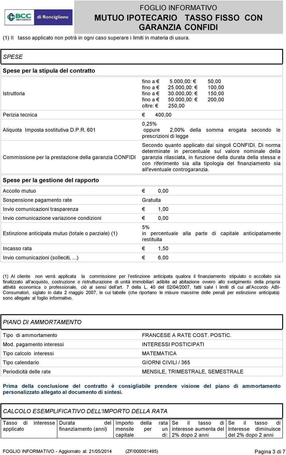 000,00: 150,00 fino a 50.000,00: 200,00 oltre: 250,00 0,25% oppure 2,00% della somma erogata secondo le prescrizioni di legge Secondo quanto applicato dai singoli CONFIDI.