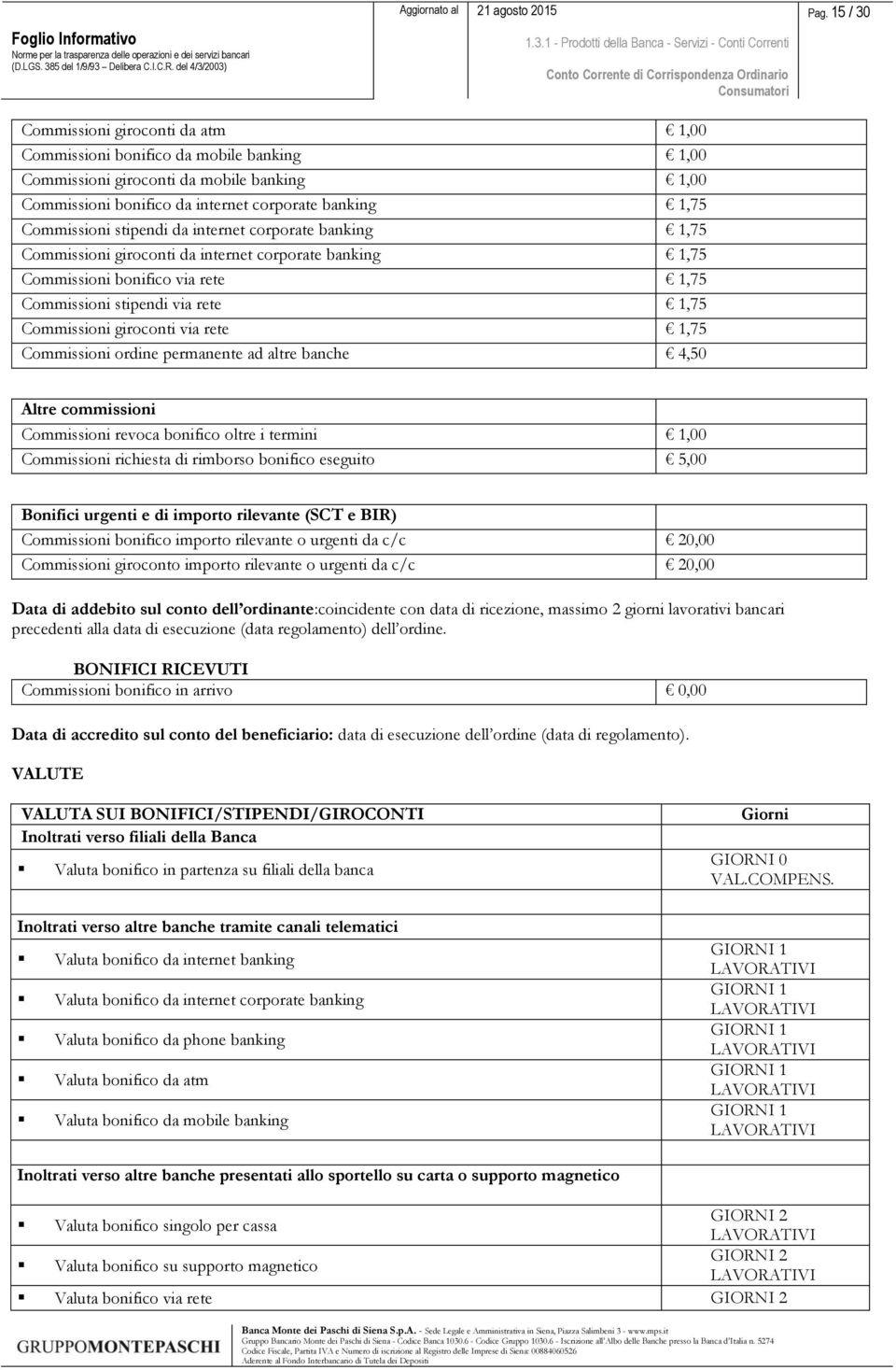 giroconti via rete 1,75 Commissioni ordine permanente ad altre banche 4,50 Altre commissioni Commissioni revoca bonifico oltre i termini 1,00 Commissioni richiesta di rimborso bonifico eseguito 5,00