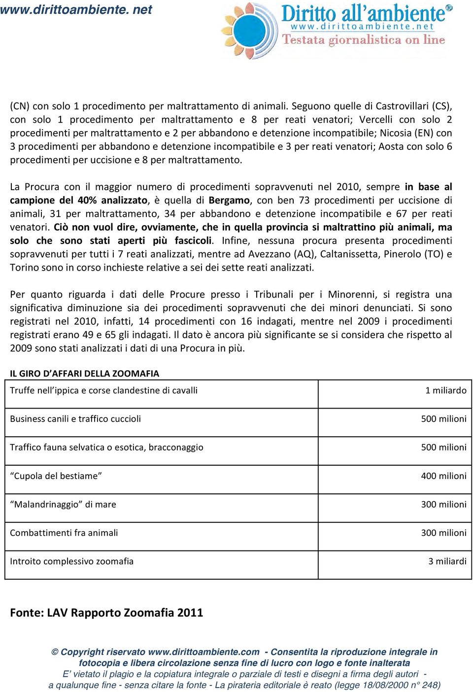 incompatibile; Nicosia (EN) con 3 procedimenti per abbandono e detenzione incompatibile e 3 per reati venatori; Aosta con solo 6 procedimenti per uccisione e 8 per maltrattamento.