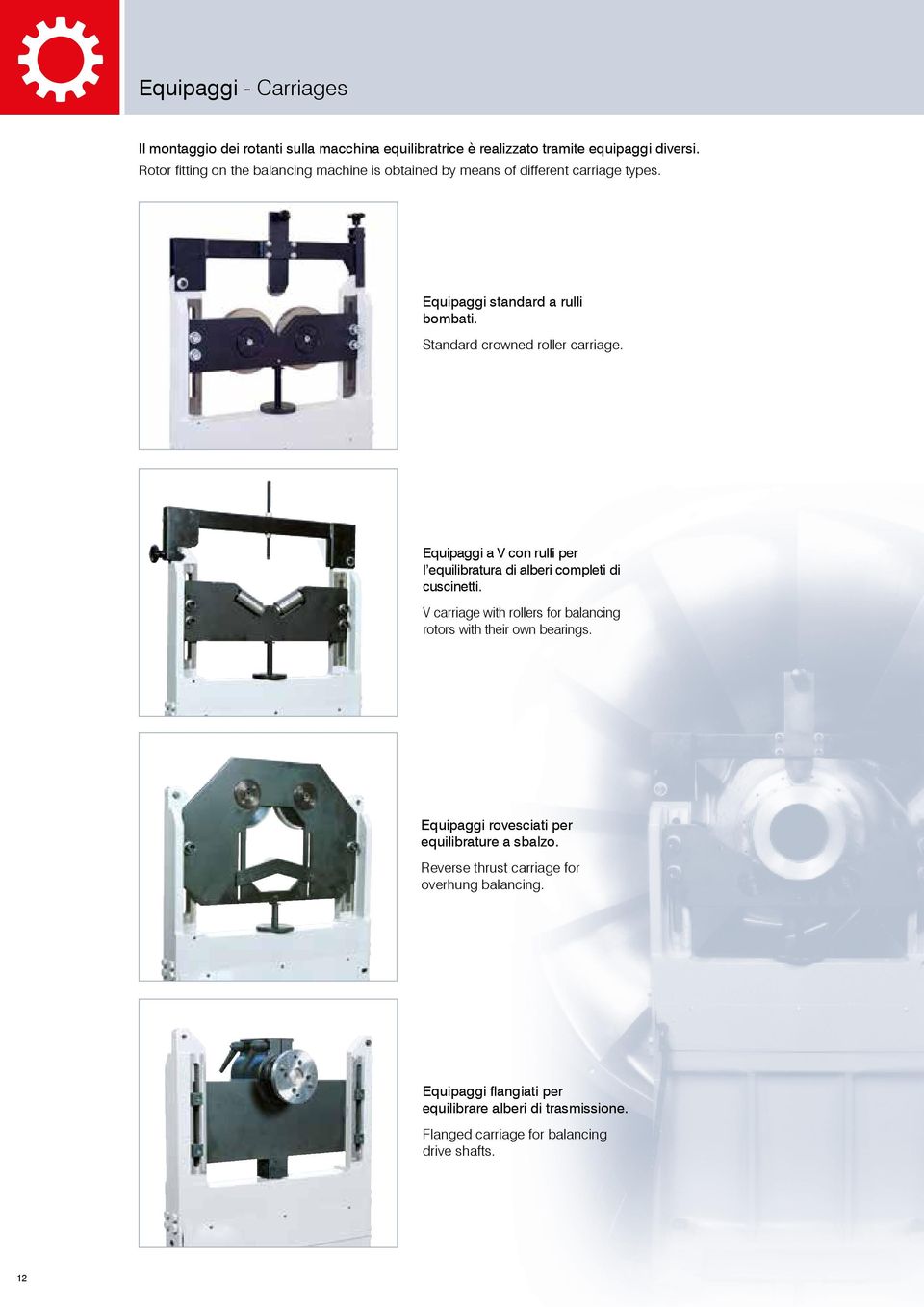 Standard crowned roller carriage. Equipaggi a V con rulli per l equilibratura di alberi completi di cuscinetti.