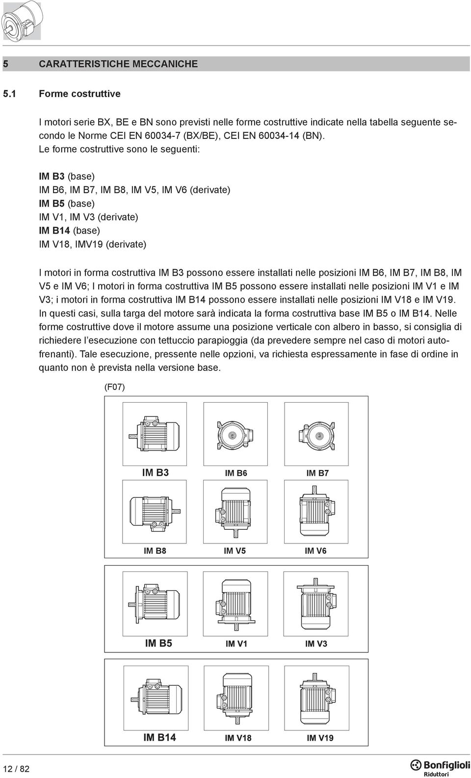 Le forme costruttive sono le seguenti: IM B3 (base) IM B6, IM B7, IM B8, IM V5, IM V6 (derivate) IM B5 (base) IM V1, IM V3 (derivate) IM B14 (base) IM V18, IMV19 (derivate) I motori in forma