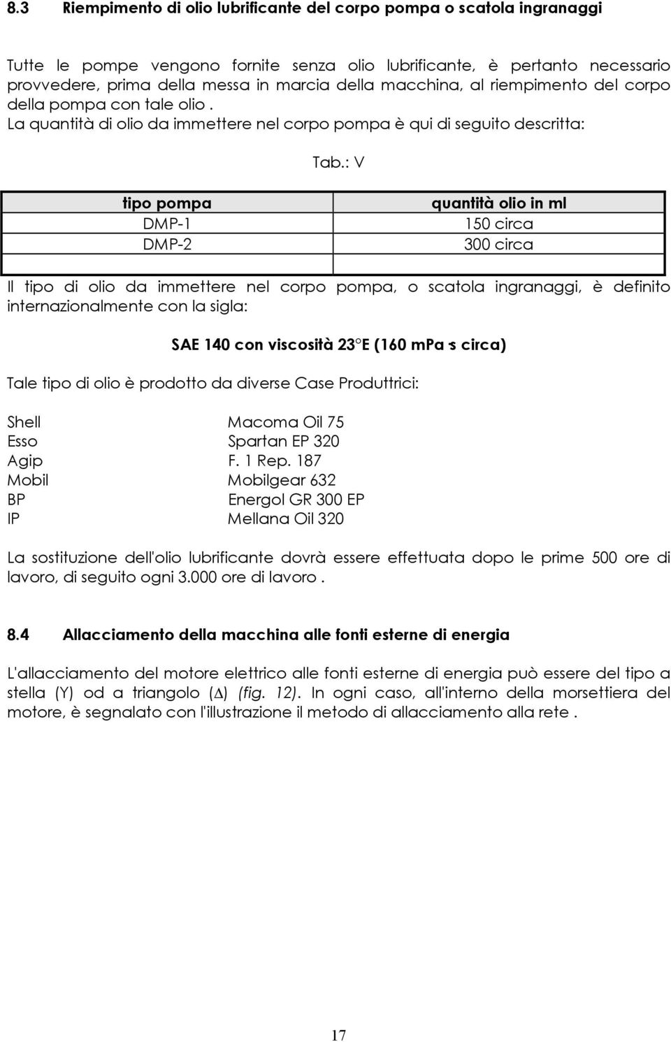 : V tipo pompa DMP-1 DMP-2 quantità olio in ml 150 circa 300 circa Il tipo di olio da immettere nel corpo pompa, o scatola ingranaggi, è definito internazionalmente con la sigla: SAE 140 con