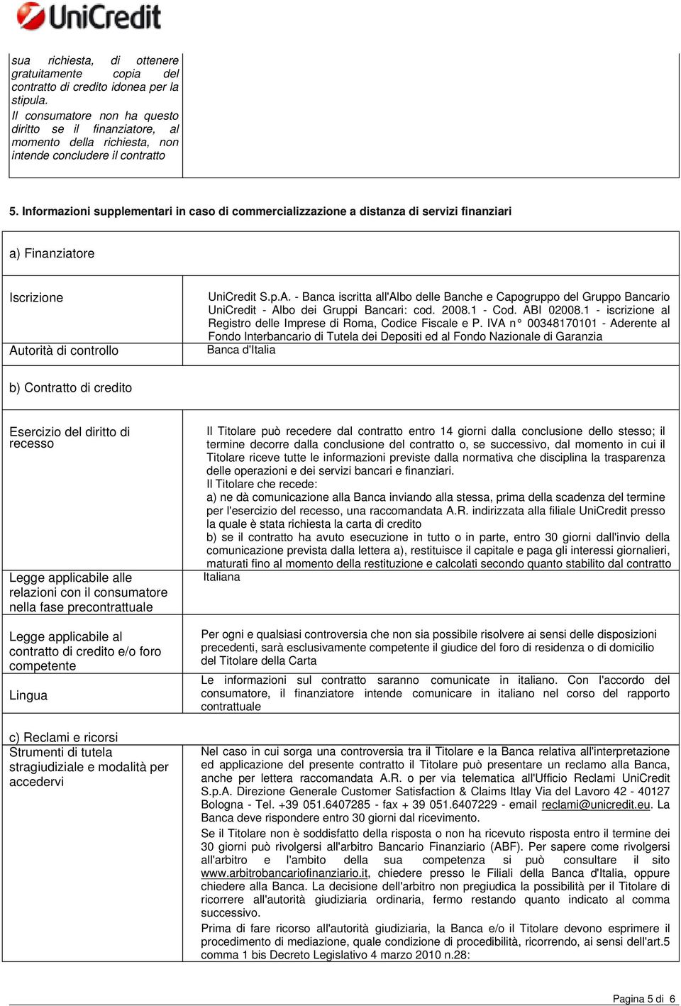 Informazioni supplementari in caso di commercializzazione a distanza di servizi finanziari a) Finanziatore Iscrizione Au