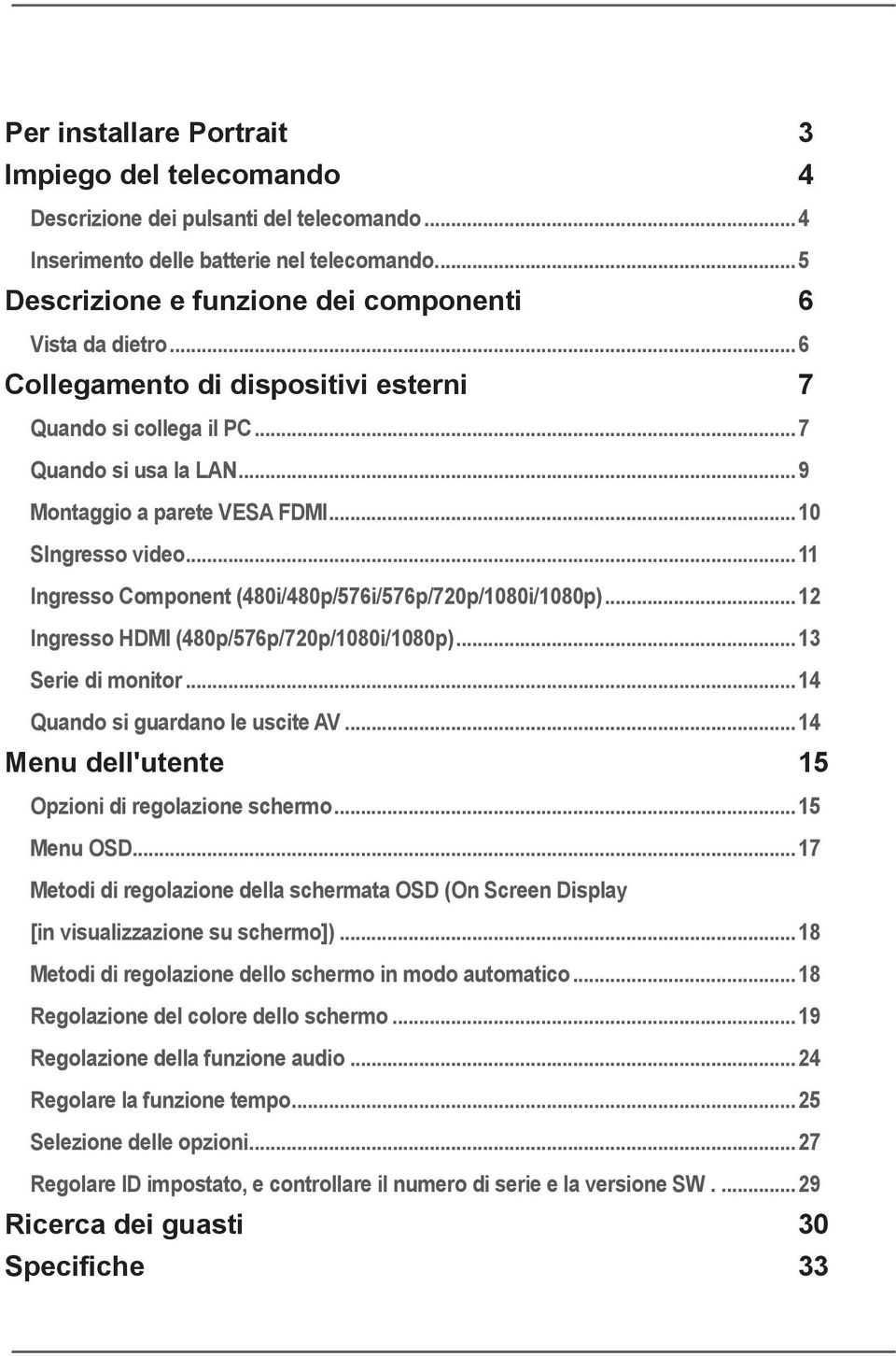 ..11 Ingresso Component (480i/480p/576i/576p/720p/1080i/1080p)...12 Ingresso HDMI (480p/576p/720p/1080i/1080p)...13 Serie di monitor...14 Quando si guardano le uscite AV.