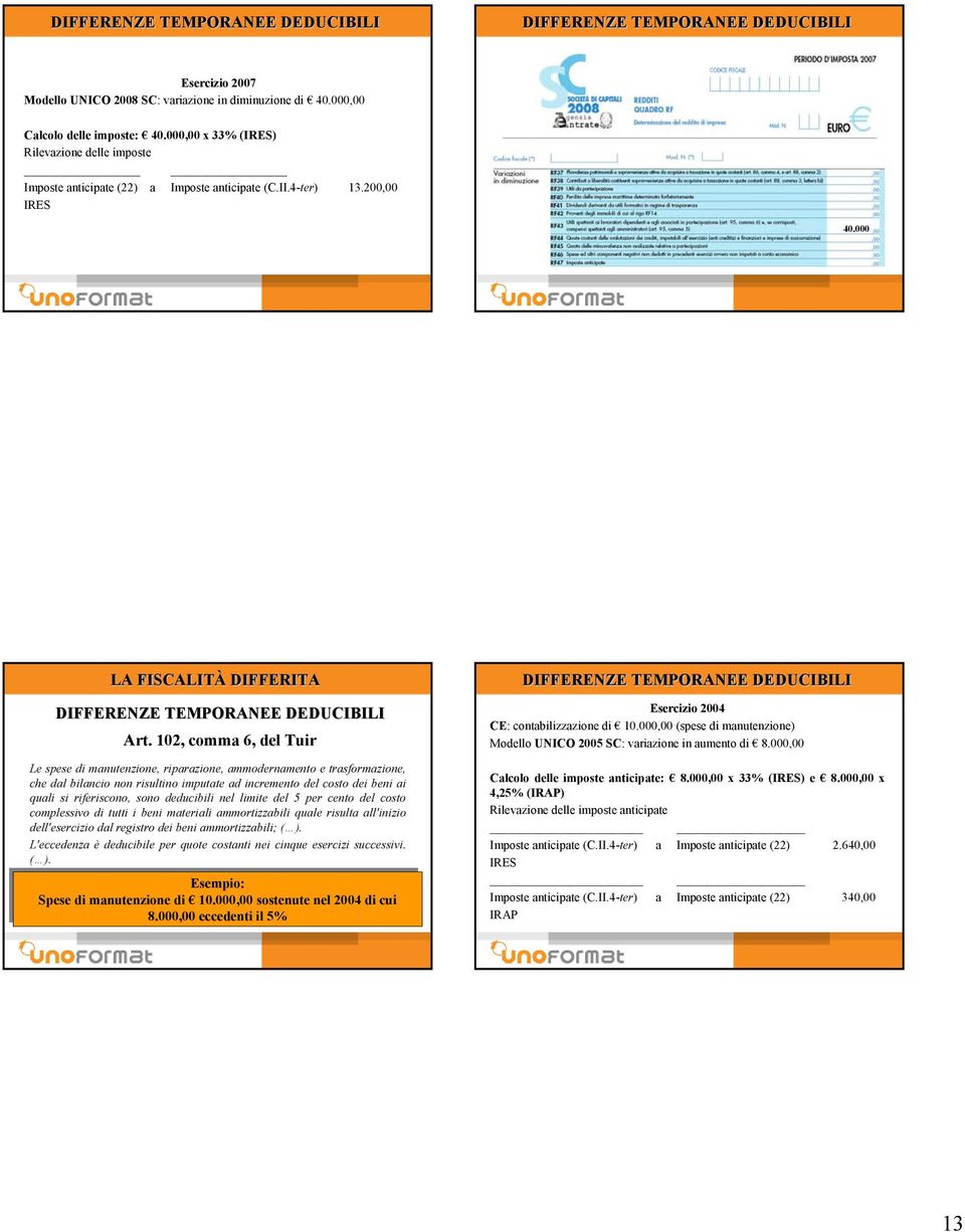 102, comma 6, del Tuir Le spese di manutenzione, riparazione, ammodernamento e trasformazione, che dal bilancio non risultino imputate ad incremento del costo dei beni ai quali si riferiscono, sono