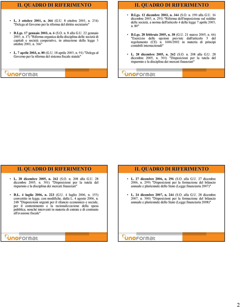 91) "Delega al Governo per la riforma del sistema fiscale statale" IL QUADRO DI RIFERIMENTO D.Lgs. 12 dicembre 2003, n. 344 (S.O. n. 190 alla G.U. 16 dicembre 2003, n.