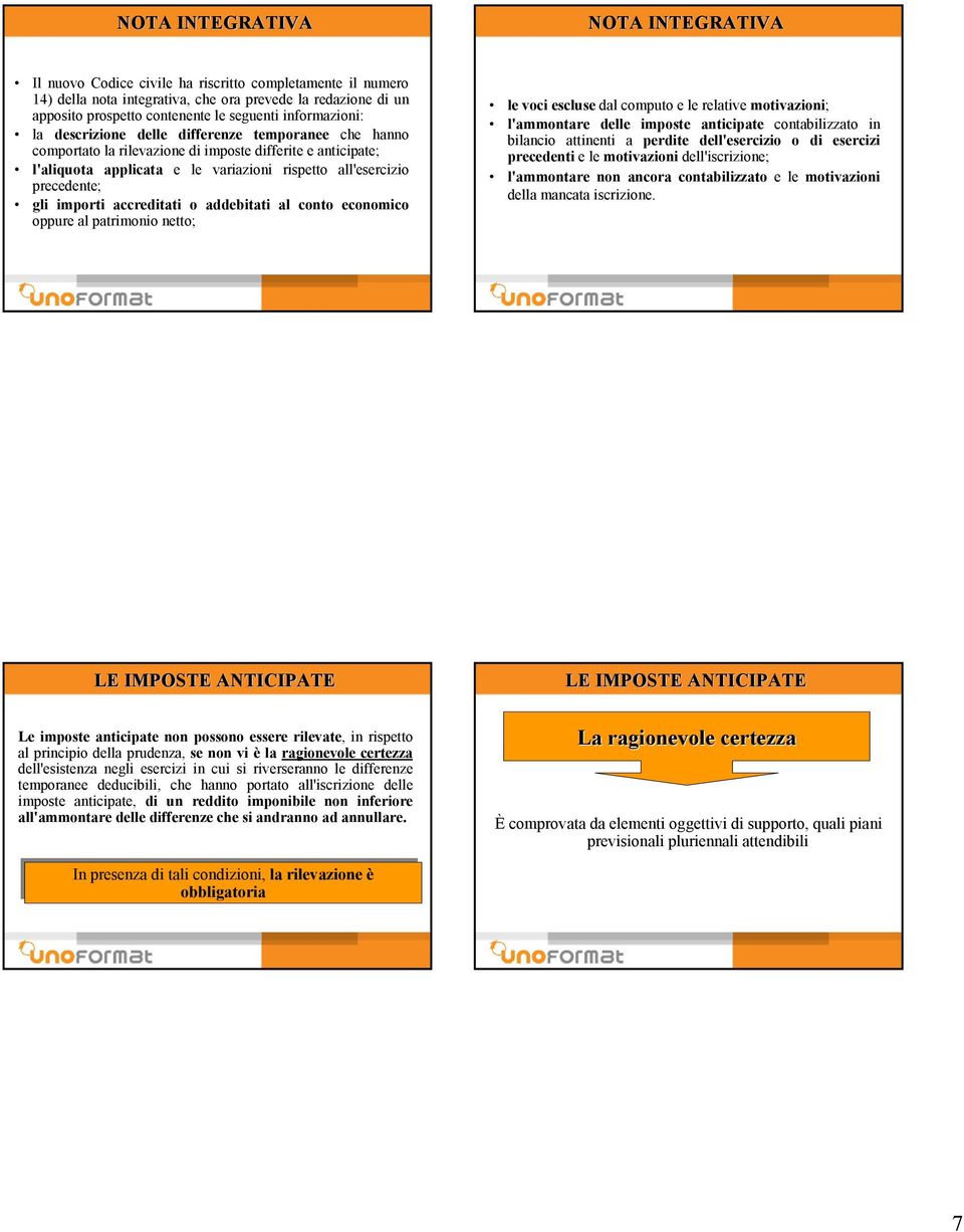 gli importi accreditati o addebitati al conto economico oppure al patrimonio netto; le voci escluse dal computo e le relative motivazioni; l'ammontare delle imposte anticipate contabilizzato in