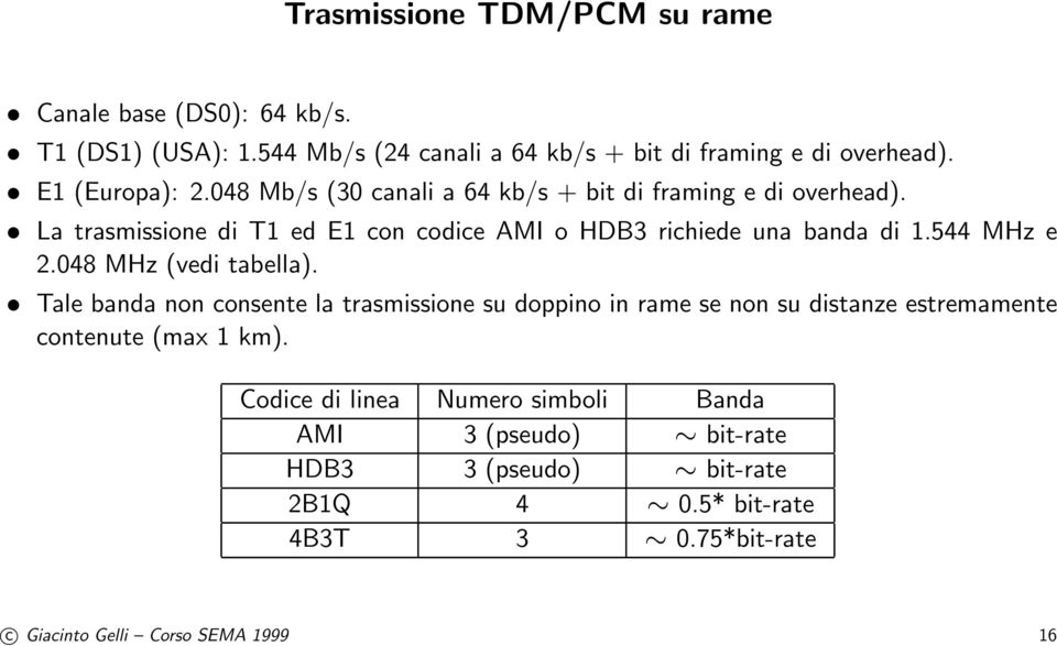 La trasmissione di T1 ed E1 con codice AMI o HDB3 richiede una banda di 1.544 MHz e 2.048 MHz (vedi tabella).