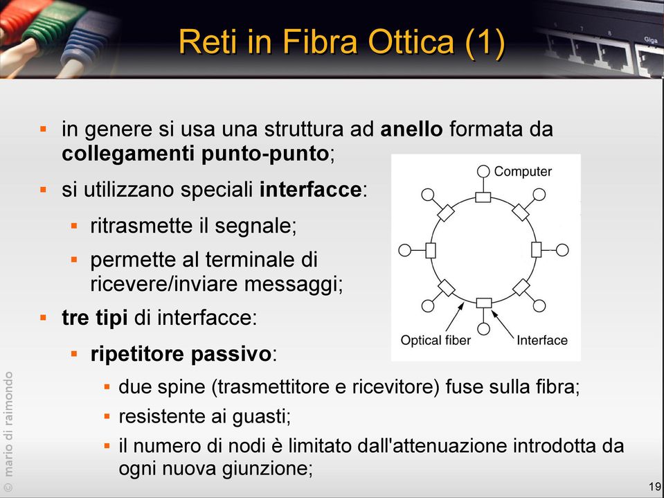 messaggi; tre tipi di interfacce: ripetitore passivo: due spine (trasmettitore e ricevitore) fuse sulla