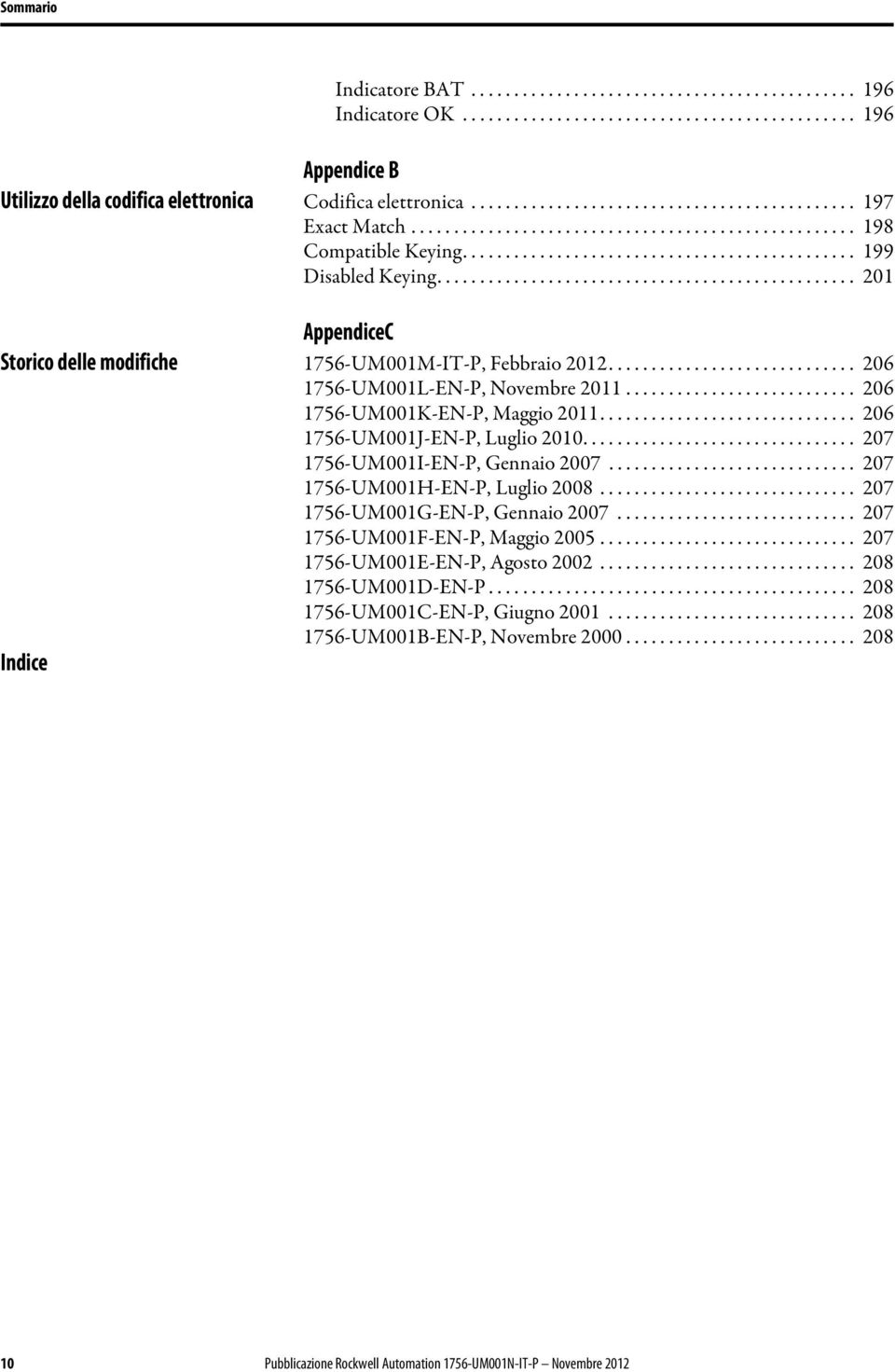 ................................................ 201 AppendiceC Storico delle modifiche 1756-UM001M-IT-P, Febbraio 2012............................. 206 1756-UM001L-EN-P, Novembre 2011.