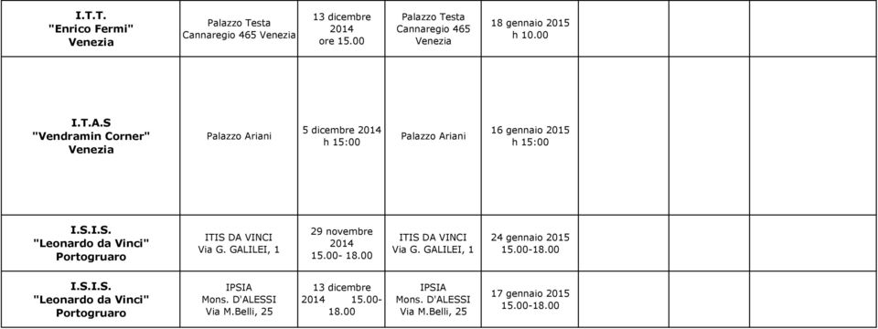 GALILEI, 1 29 novembre 15.00-18.00 ITIS DA VINCI Via G. GALILEI, 1 I.S.I.S. "Leonardo da Vinci" IPSIA Mons.