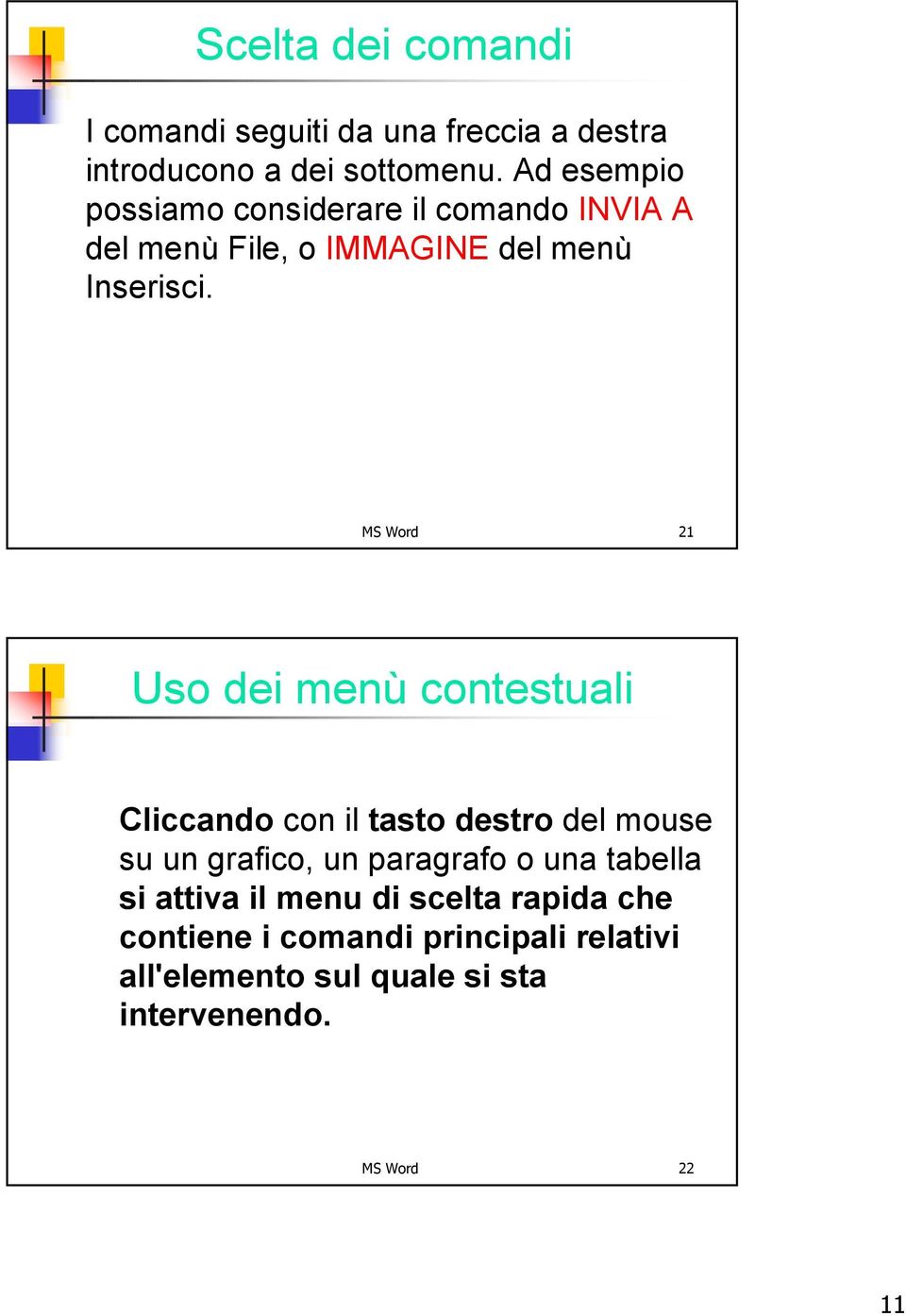 MS Word 21 Uso dei menù contestuali Cliccando con il tasto destro del mouse su un grafico, un paragrafo o una