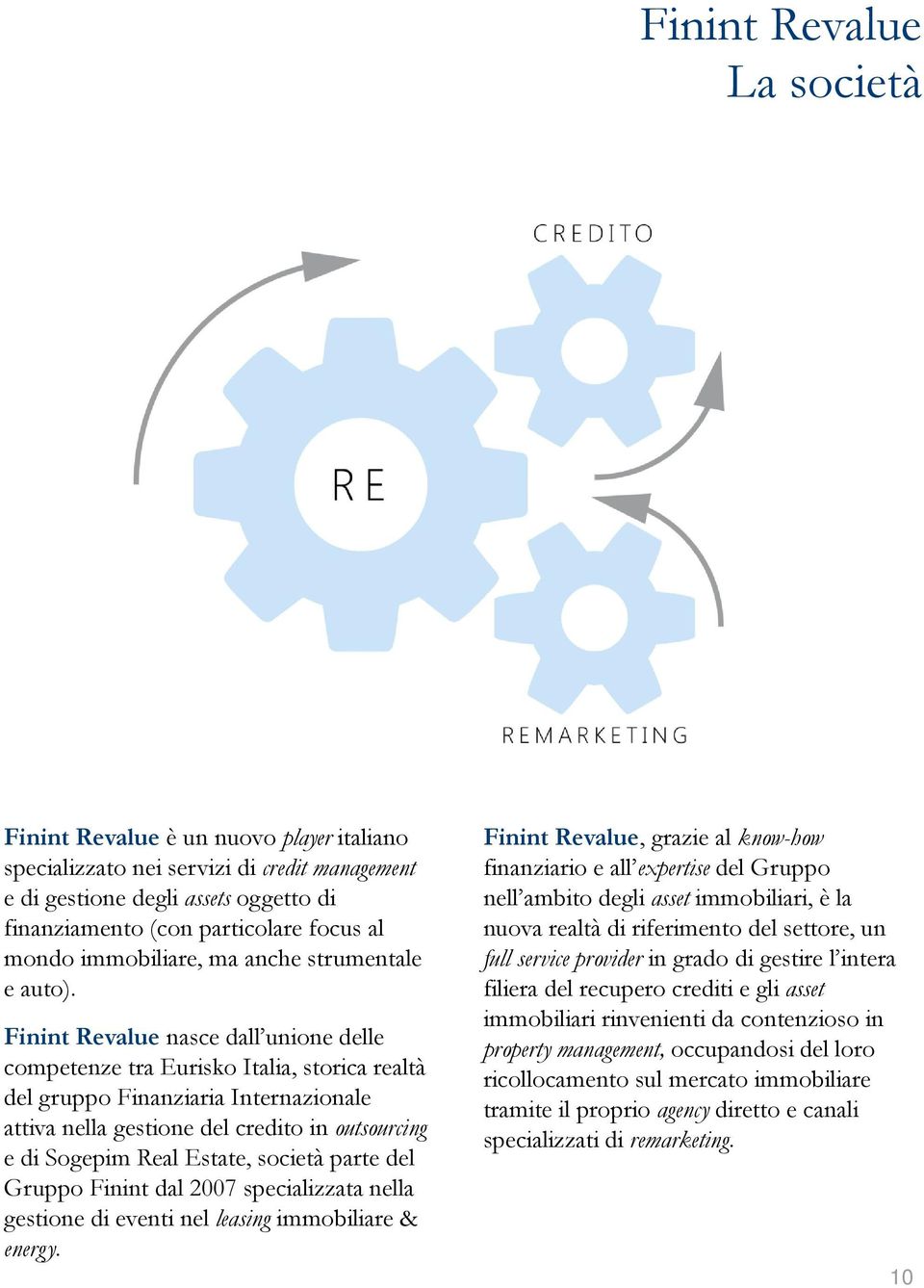 Finint Revalue nasce dall unione delle competenze tra Eurisko Italia, storica realtà del gruppo Finanziaria Internazionale attiva nella gestione del credito in outsourcing e di Sogepim Real Estate,