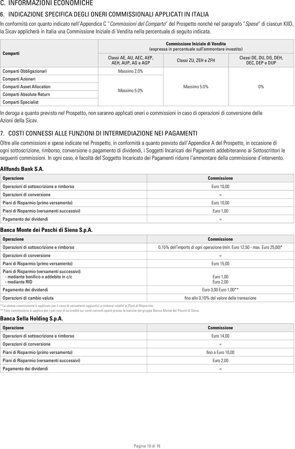 KIID, la Sicav applicherà in Italia una Commissione Iniziale di Vendita nella percentuale di seguito indicata. Comparti Classi AE, AU, AEC, AEP, AEH, AUP, AG e AGP Comparti Obbligazionari Massimo 2.