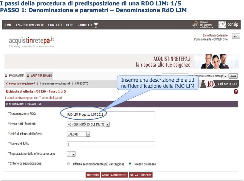 parametri Denominazione RdO LIM Inserire una