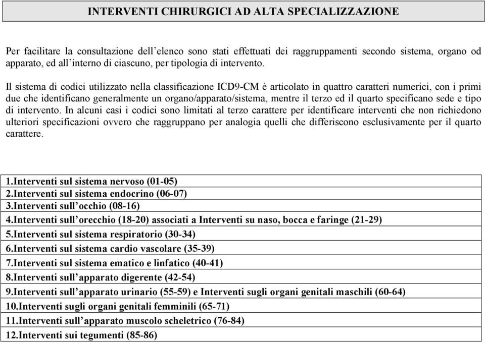 Il sistema di codici utilizzato nella classificazione ICD9-CM è articolato in quattro caratteri numerici, con i primi due che identificano generalmente un organo/apparato/sistema, mentre il terzo ed