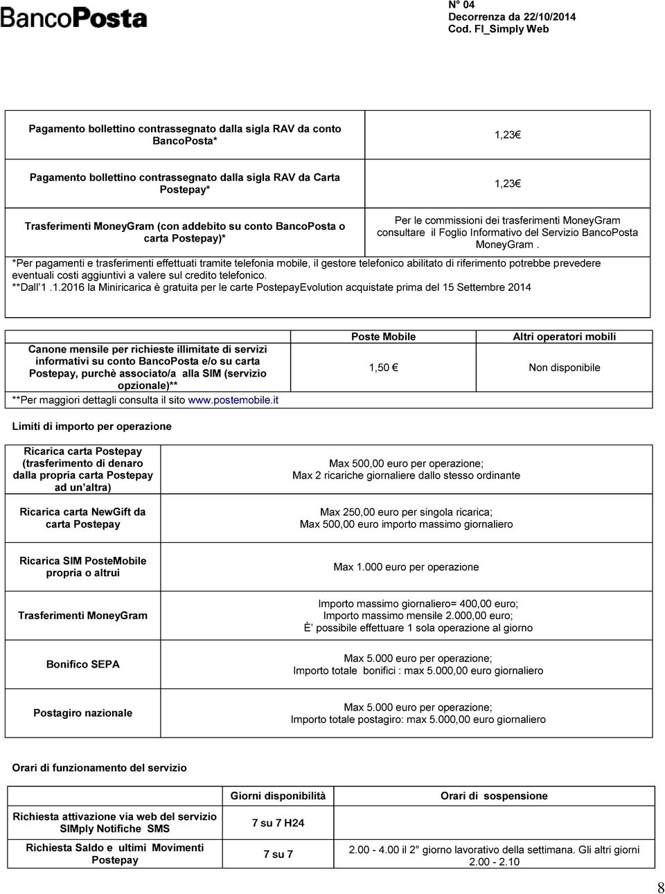 *Per pagamenti e trasferimenti effettuati tramite telefonia mobile, il gestore telefonico abilitato di riferimento potrebbe prevedere eventuali costi aggiuntivi a valere sul credito telefonico.