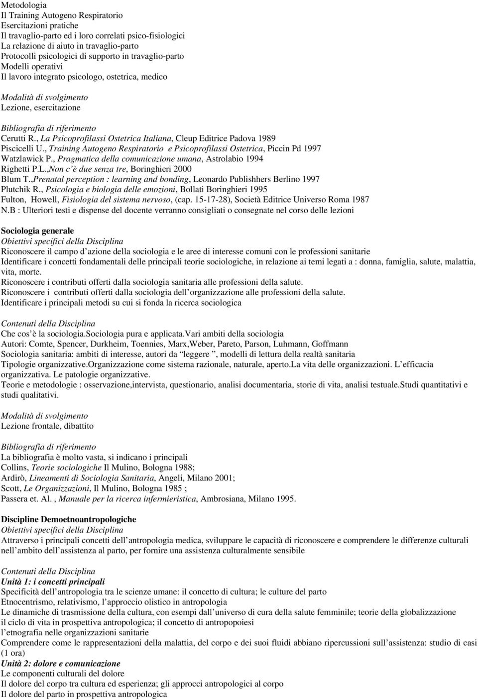 , La Psicoprofilassi Ostetrica Italiana, Cleup Editrice Padova 1989 Piscicelli U., Training Autogeno Respiratorio e Psicoprofilassi Ostetrica, Piccin Pd 1997 Watzlawick P.