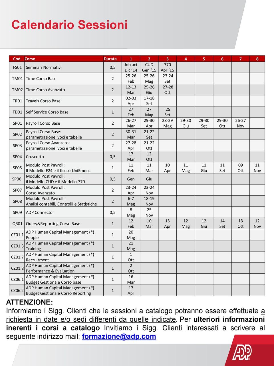 Apr Mag Giu Set Ott Nov Payroll Corso Base: 30-31 21-22 SP02 2 parametrazione voci e tabelle Mar Set Payroll Corso Avanzato: 27-28 21-22 SP03 2 parametrazione voci e tabelle Apr Ott 17 12 SP04