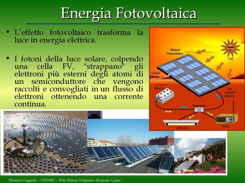 I fotoni della luce solare, colpendo una cella FV, "strappano" gli