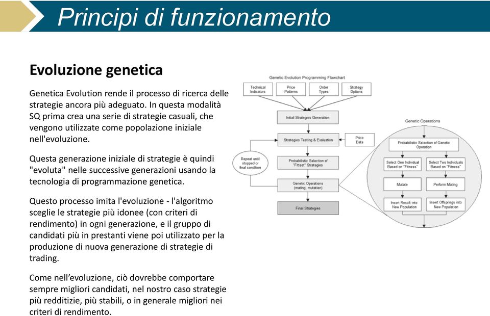 Questa generazione iniziale di strategie è quindi "evoluta" nelle successive generazioni usando la tecnologia di programmazione genetica.