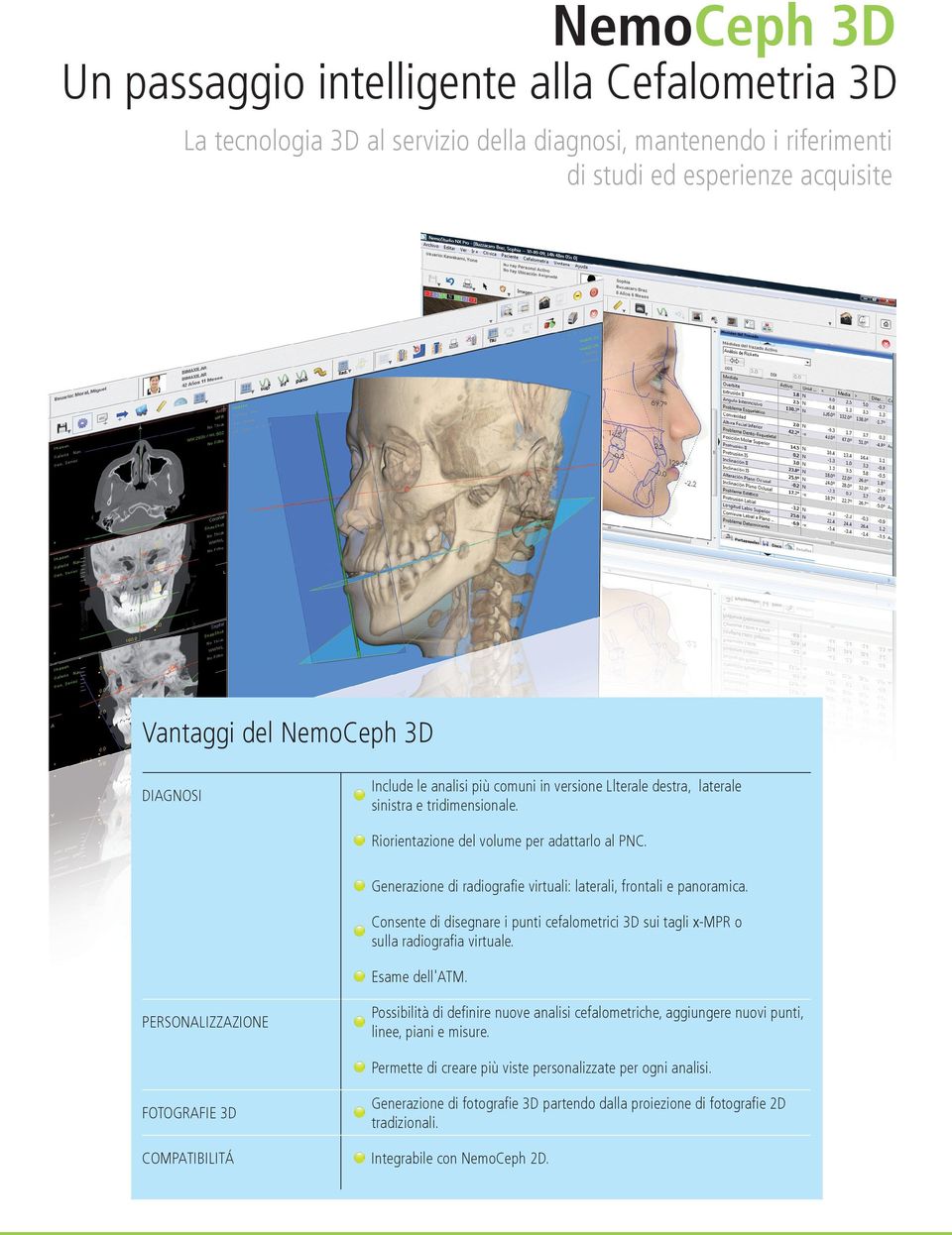 Generazione di radiografie virtuali: laterali, frontali e panoramica. Consente di disegnare i punti cefalometrici 3D sui tagli x-mpr o sulla radiografia virtuale. Esame dell'atm.