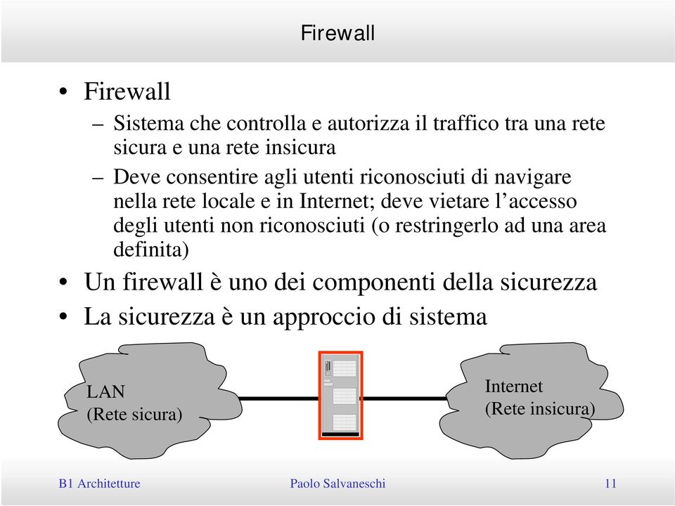 riconosciuti (o restringerlo ad una area definita) Un firewall è uno dei componenti della sicurezza La sicurezza è un