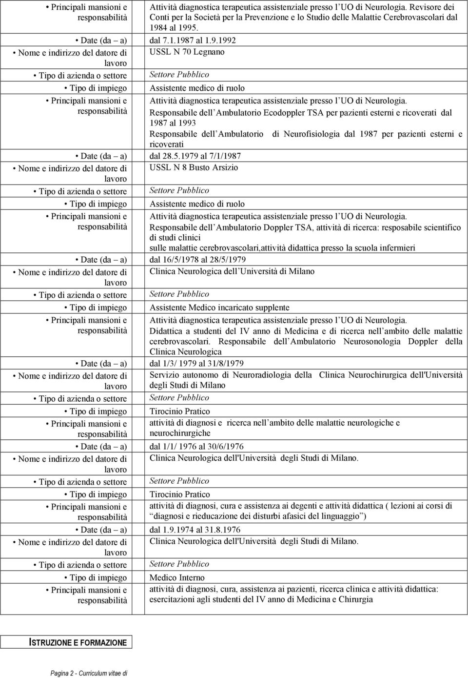 Responsabile dell Ambulatorio Ecodoppler TSA per pazienti esterni e ricoverati dal 1987 al 1993 Responsabile dell Ambulatorio di Neurofisiologia dal 1987 per pazienti esterni e ricoverati