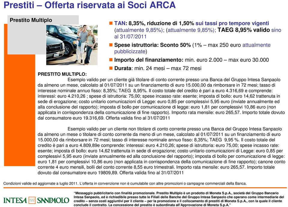 24 mesi max 72 mesi PRESTITO MULTIPLO: Esempio valido per un cliente già titolare di conto corrente presso una Banca del Gruppo Intesa Sanpaolo da almeno un mese, calcolato al 01/07/2011 su un