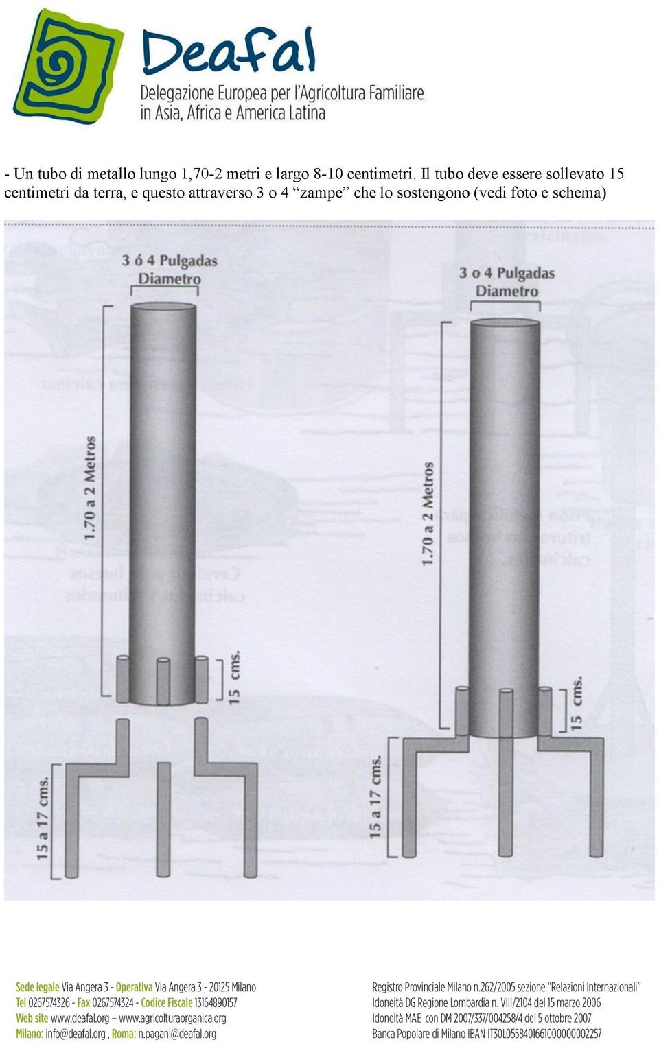 Il tubo deve essere sollevato 15 centimetri da