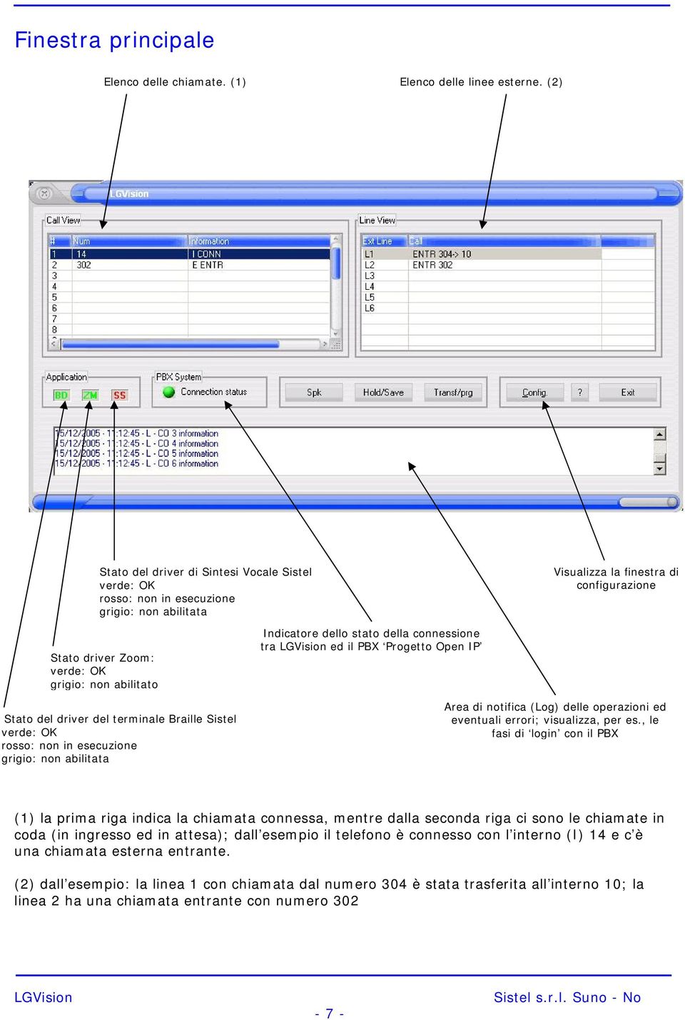 Stato del driver del terminale Braille Sistel verde: OK rosso: non in esecuzione grigio: non abilitata Indicatore dello stato della connessione tra ed il PBX Progetto Open IP Area di notifica (Log)