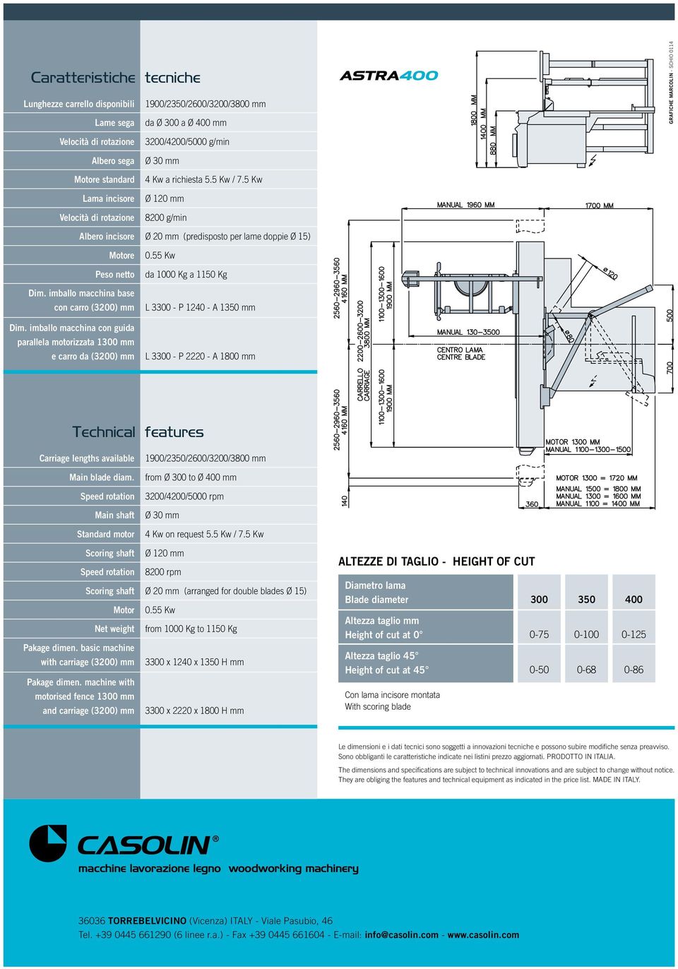 5 Kw Ø 120 mm 8200 g/min Albero incisore Ø 20 mm (predisposto per lame doppie Ø 15) Motore Peso netto Dim. imballo macchina base con carro (3200) mm Dim.