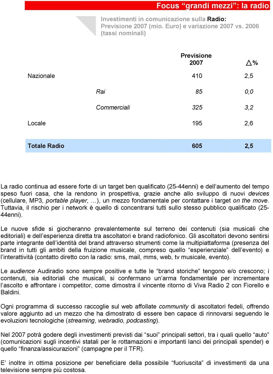 fuori casa, che la rendono in prospettiva, grazie anche allo sviluppo di nuovi devices (cellulare, MP3, portable player, ), un mezzo fondamentale per contattare i target on the move.