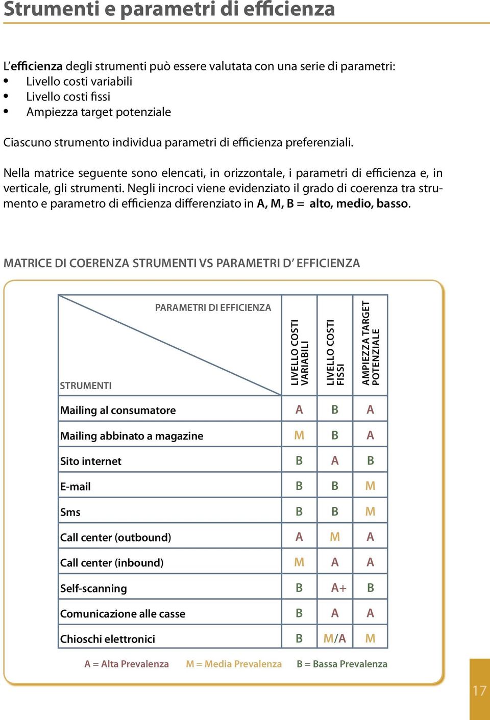Negli incroci viene evidenziato il grado di coerenza tra strumento e parametro di efficienza differenziato in,, = alto, medio, basso.