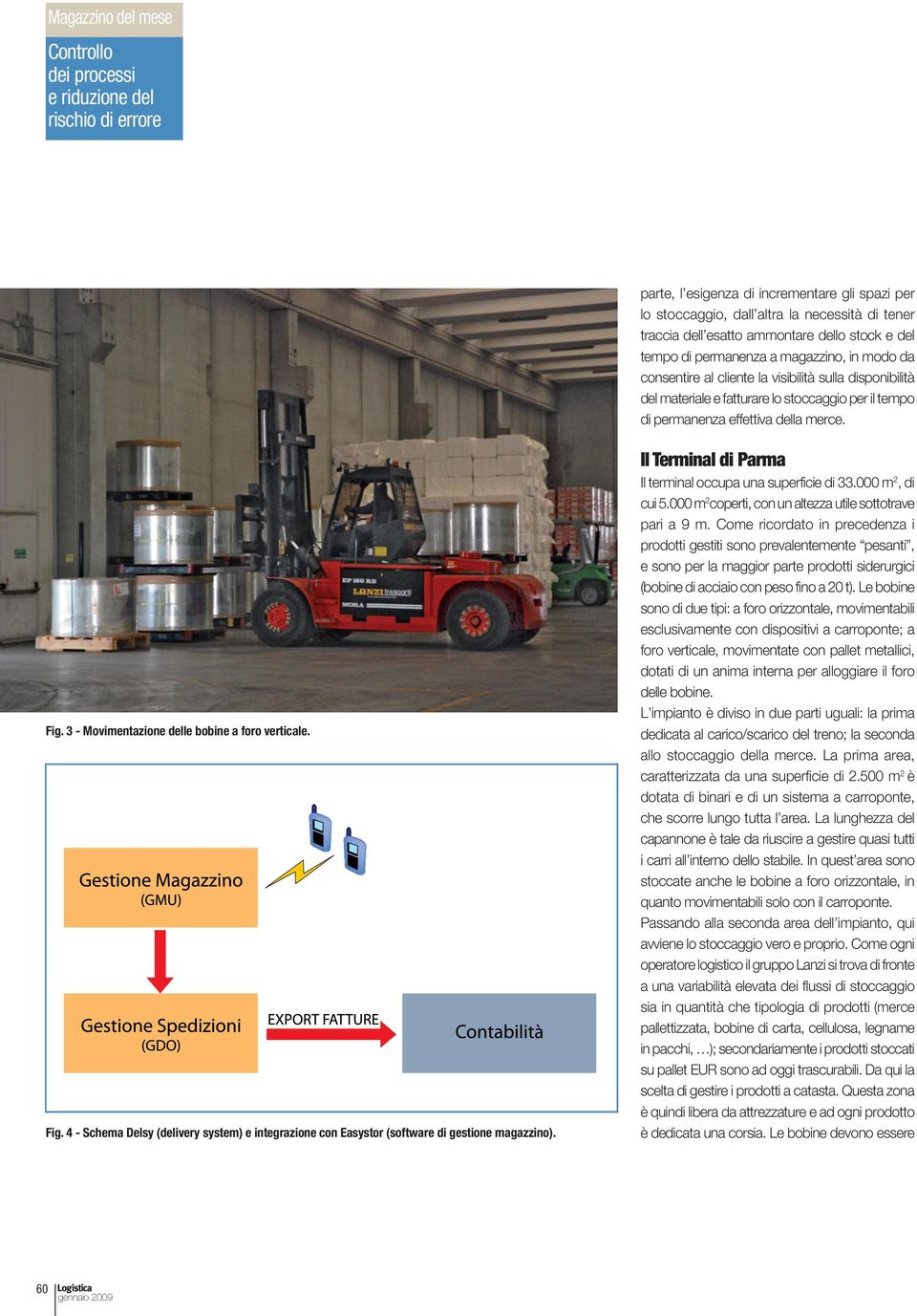 3 - Movimentazione delle bobine a foro verticale. Fig. 4 - Schema Delsy (delivery system) e integrazione con Easystor (software di gestione magazzino).