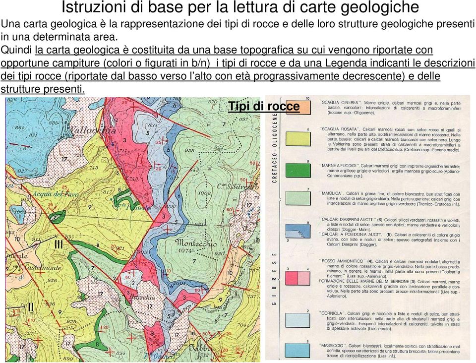 Quindi la carta geologica è costituita da una base topografica su cui vengono riportate con opportune campiture (colori o