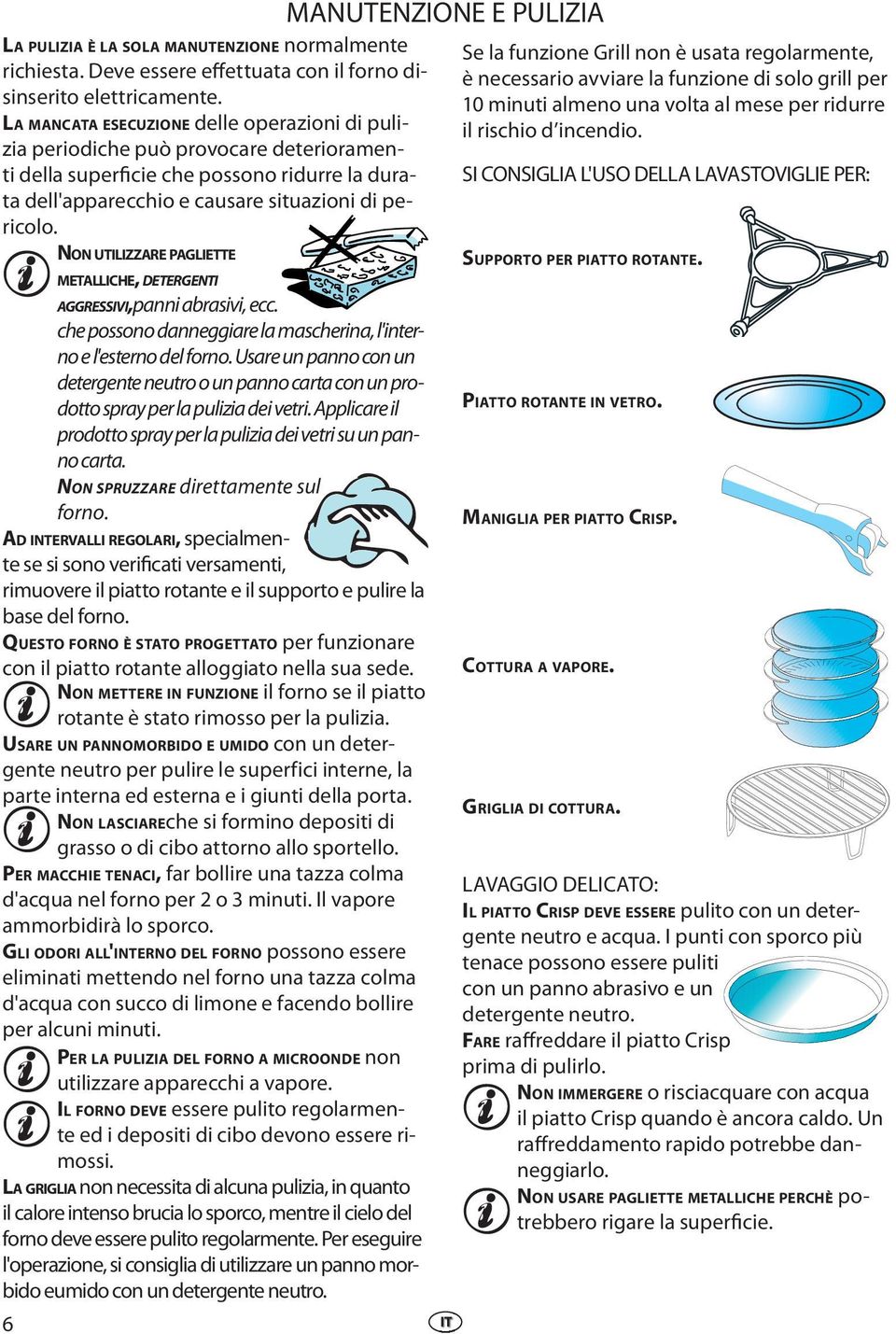 NON UTILIZZARE PAGLIETTE METALLICHE, DETERGENTI AGGRESSIVI, panni abrasivi, ecc. che possono danneggiare la mascherina, l'interno e l'esterno del forno.