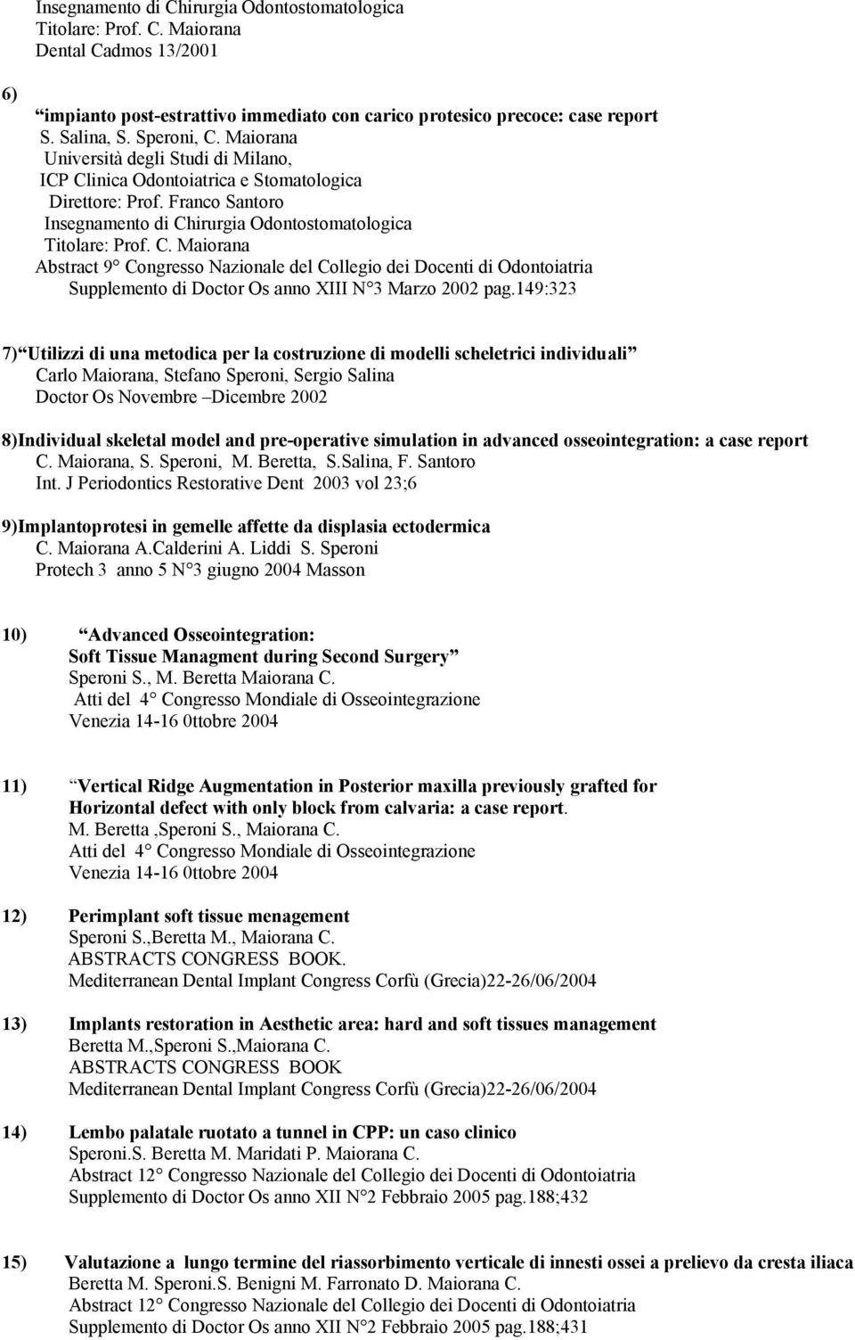 Franco Santoro Insegnamento di Chirurgia Odontostomatologica Abstract 9 Congresso Nazionale del Collegio dei Docenti di Odontoiatria Supplemento di Doctor Os anno XIII N 3 Marzo 2002 pag.