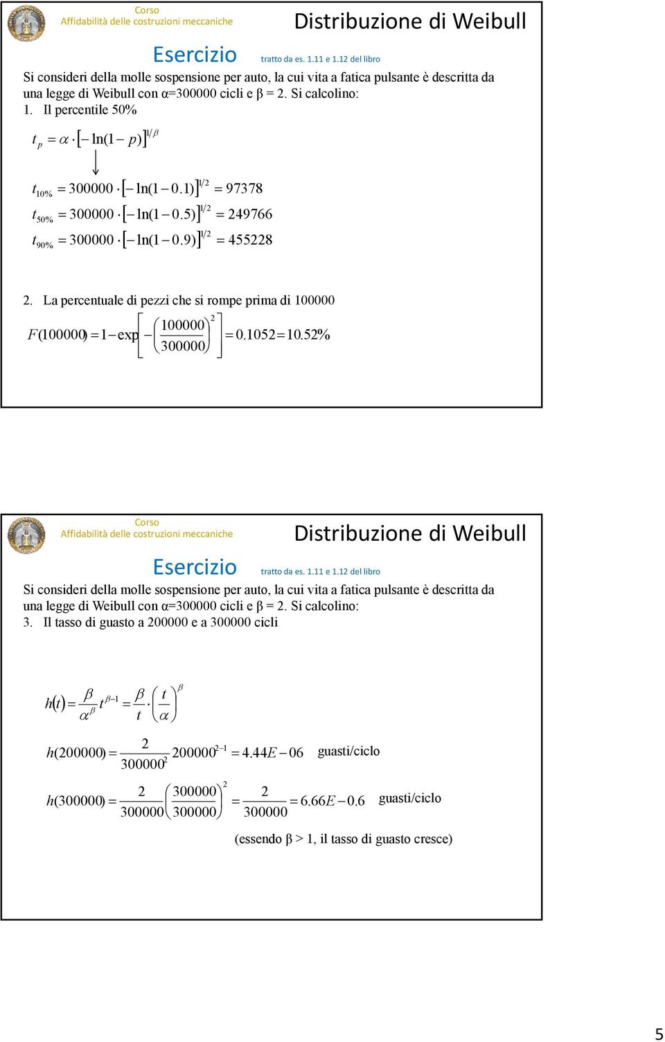 Il percenile 5% ln( p ) p % 5% 9% 3 3 3 ln(.) 97378 ln(.5) 49766 ln(.9) 4558. La percenuale di pezzi che si rompe prima di F() ex