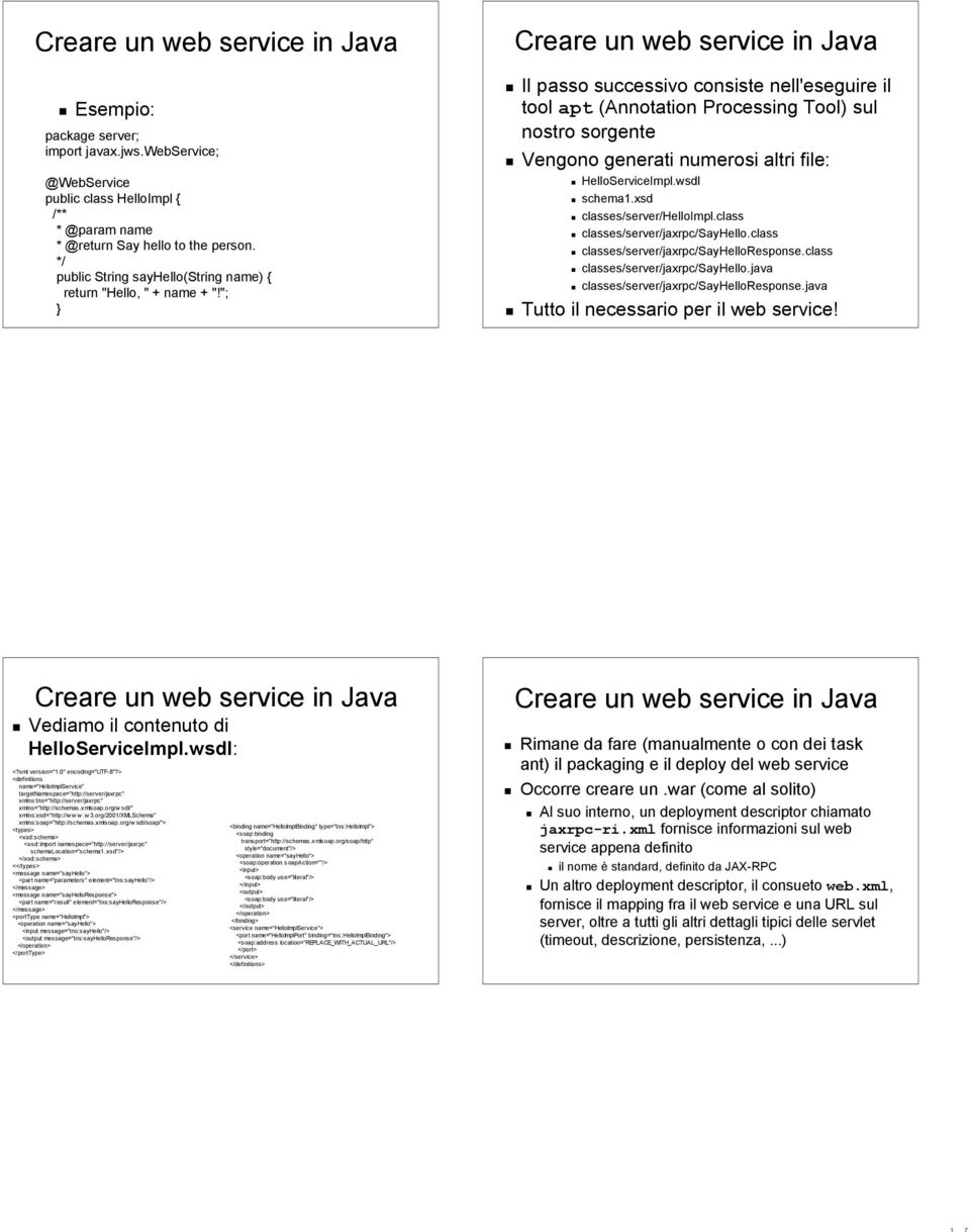 "; } Creare un web service in Java Il passo successivo consiste nell'eseguire il tool apt (Annotation Processing Tool) sul nostro sorgente Vengono generati numerosi altri file: HelloServiceImpl.