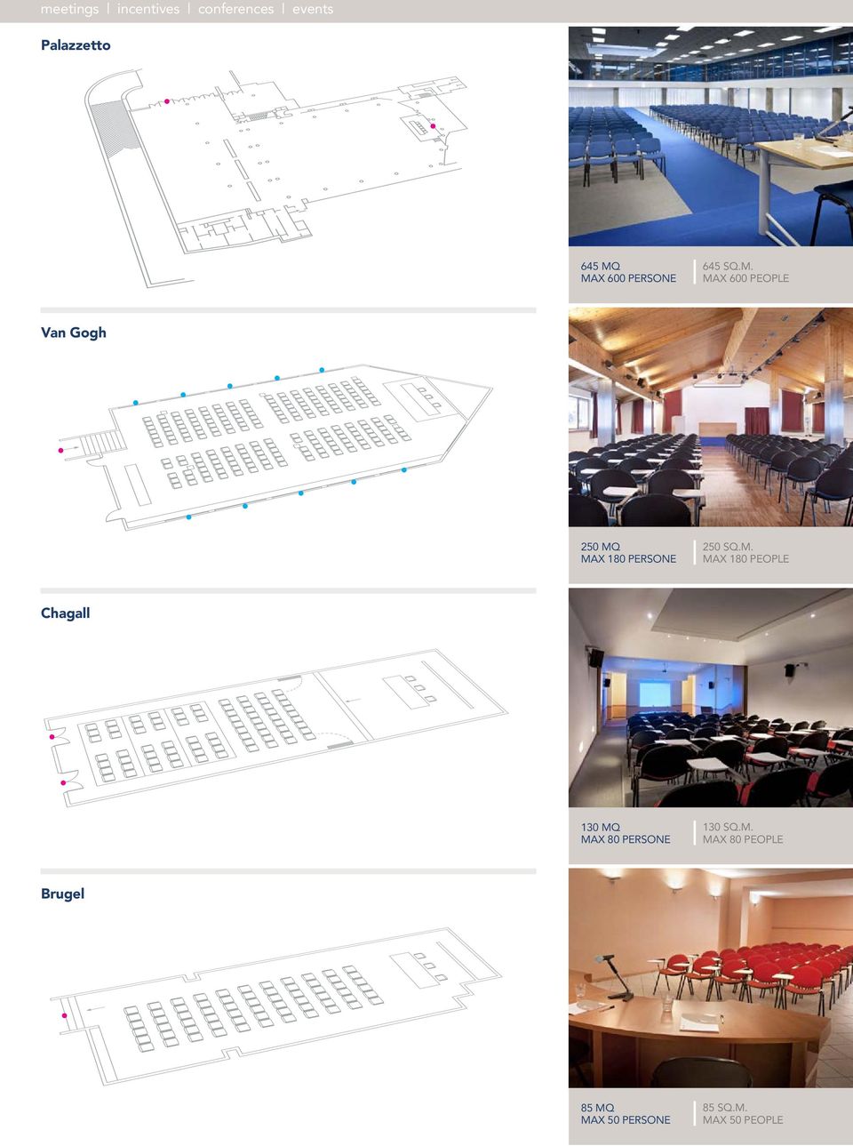 MAX 600 PEOPLE Van Gogh 250 MQ MAX 180 PERSONE 250 SQ.M. MAX 180 PEOPLE Chagall 130 MQ MAX 80 PERSONE 130 SQ.